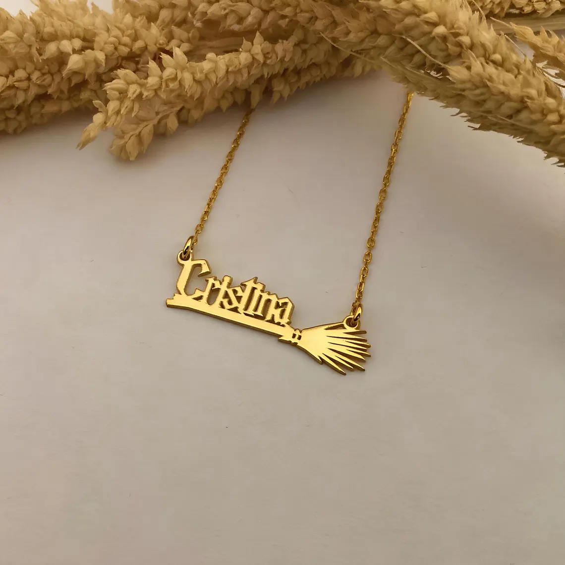 Personalized Halloween Gold Plated Magic Witch Broom Name Necklace