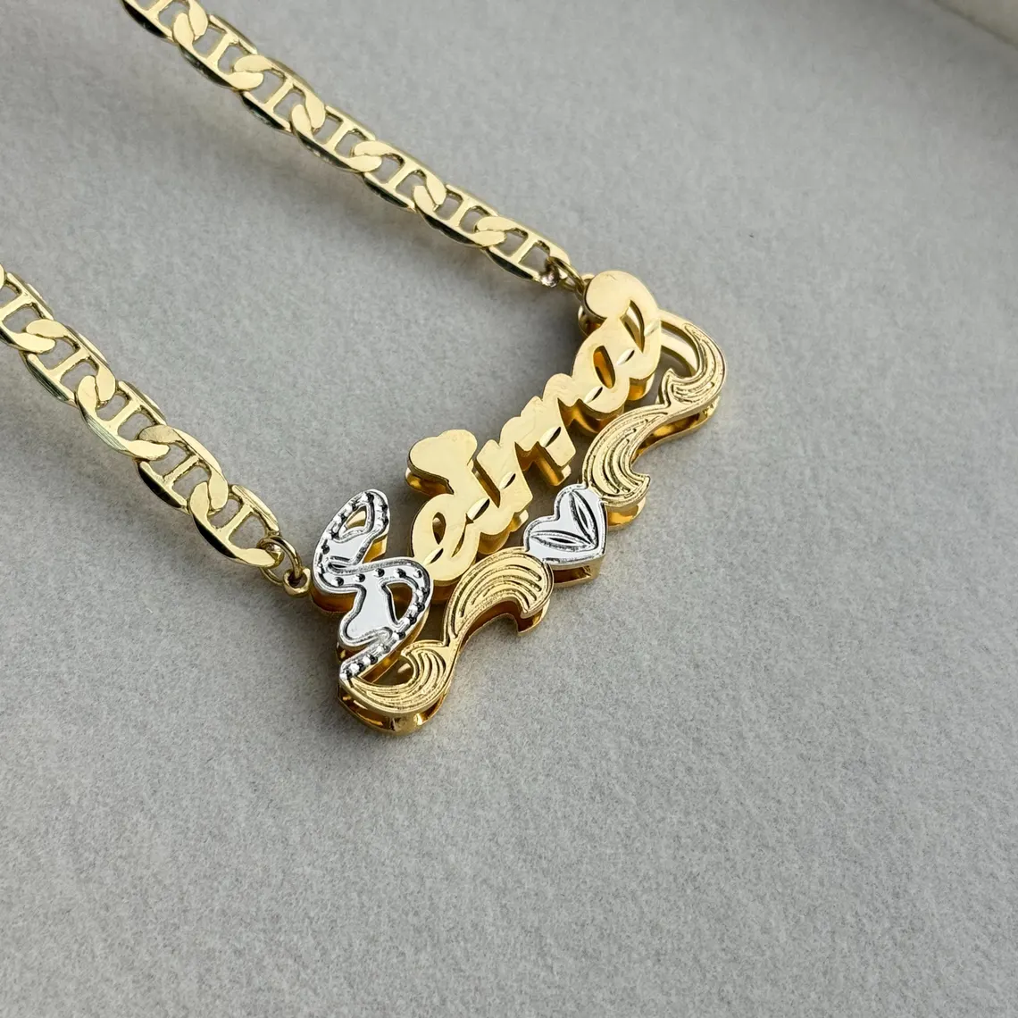 Marine Chain Heart Double Plate Name Necklace Bamboo Earrings Set