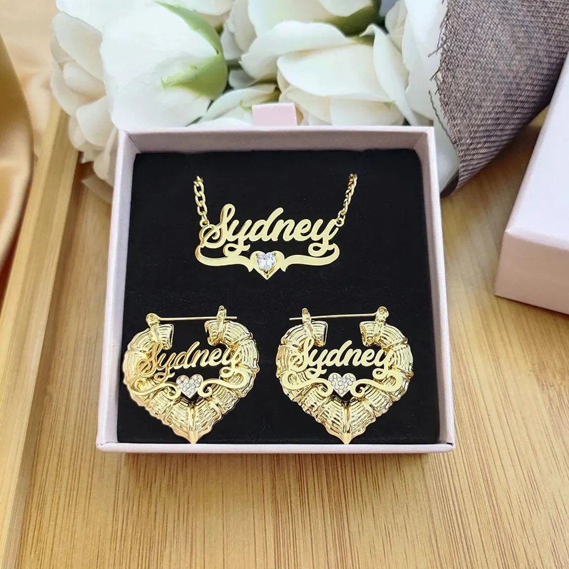Heart Plate Name Necklace and Bamboo Earrings With Birthstone