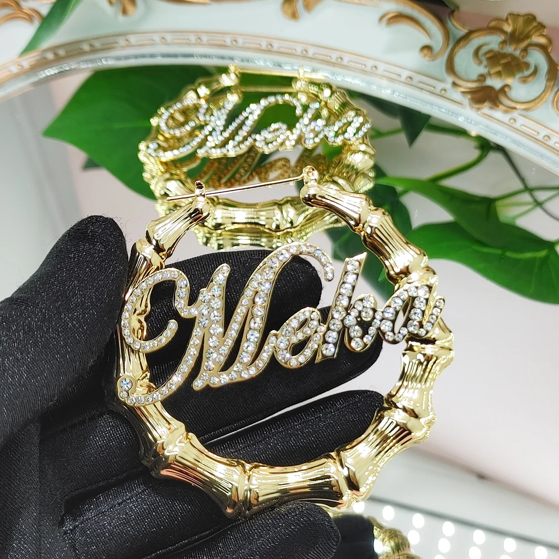 Custom Zirconia Nameplate Earrings Bamboo Earrings Gold Plated