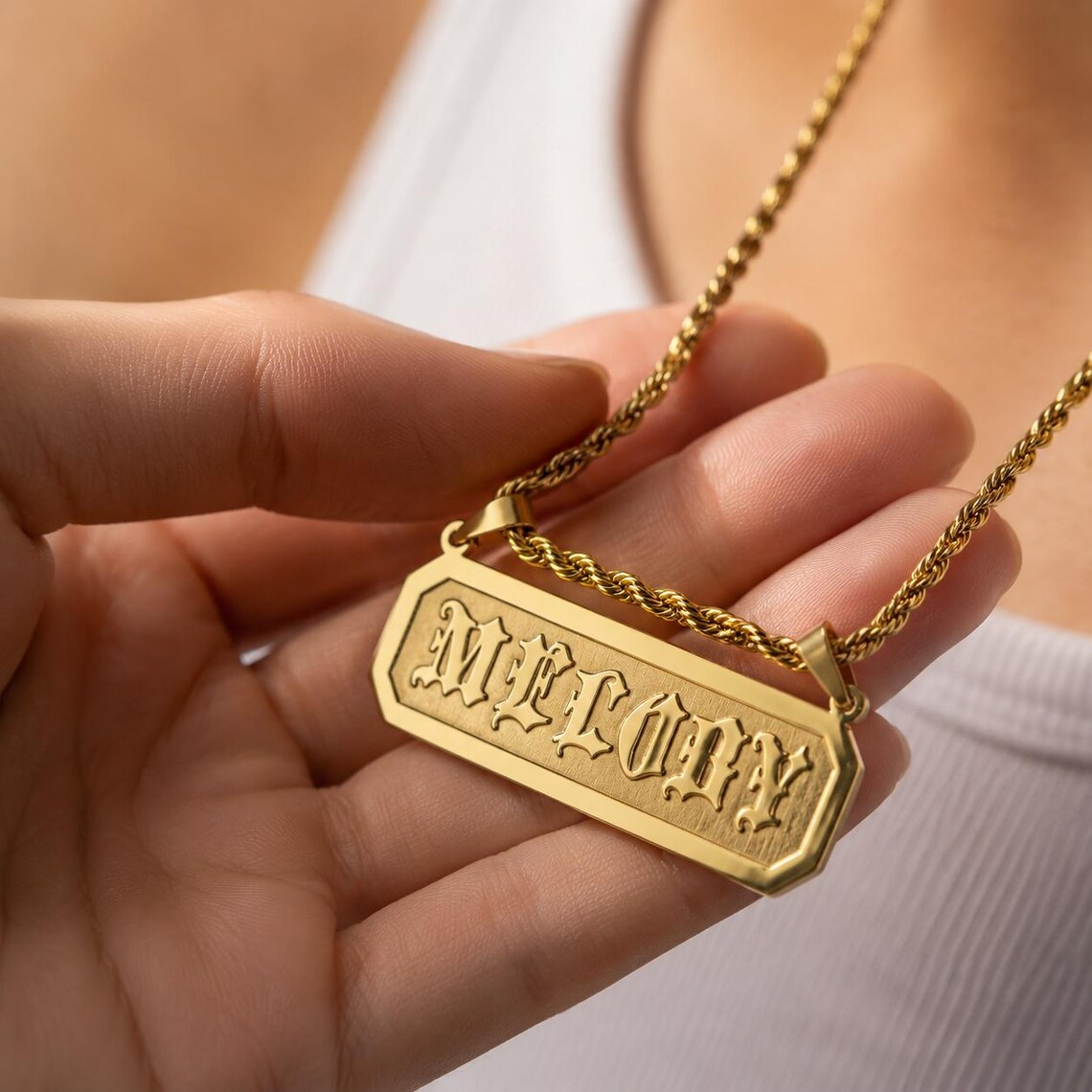 Custom Old English Font Bar Necklace Rope Chain