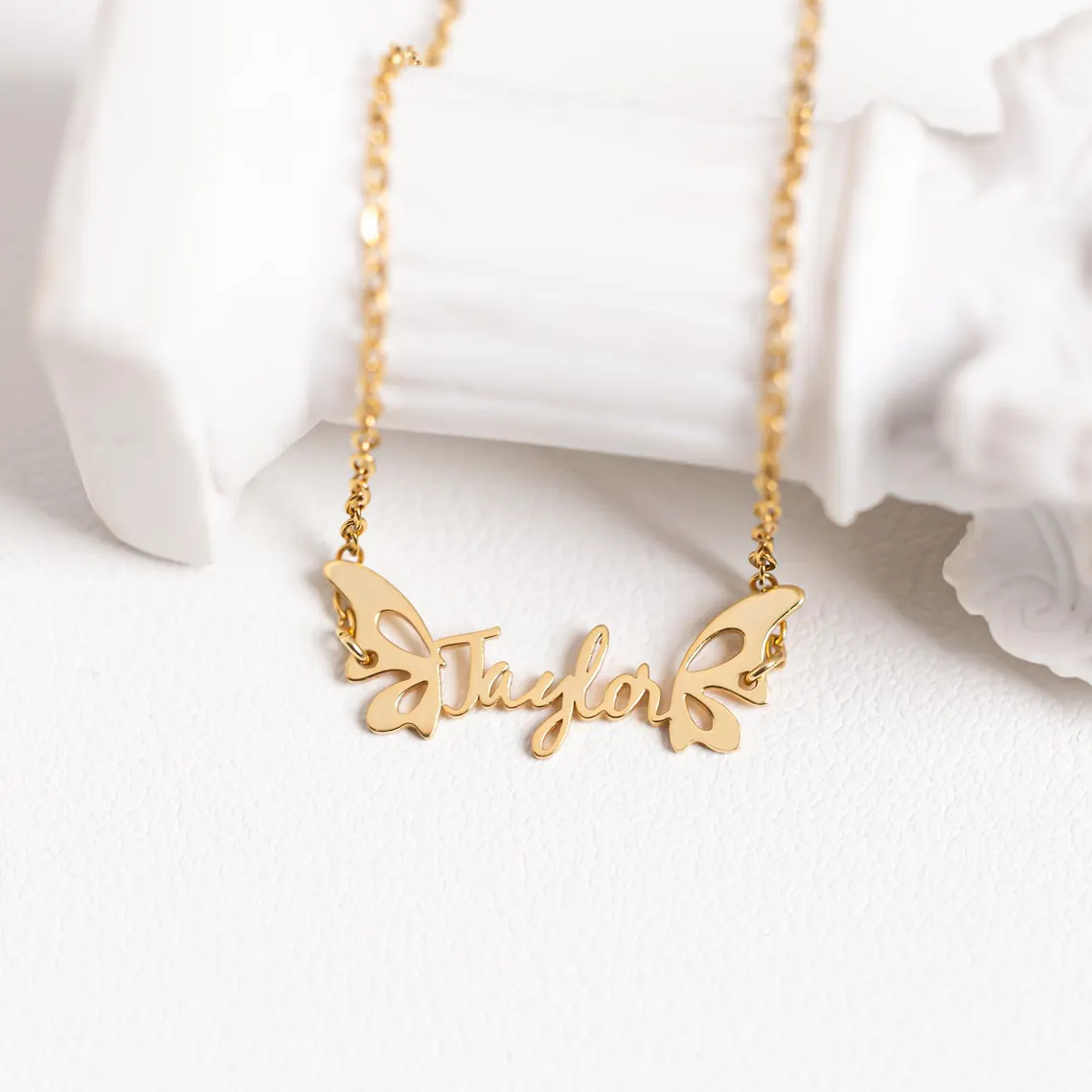 Personalized Butterfly Wings Nameplate Necklace Gold Plated