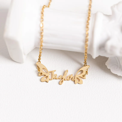 Personalized Butterfly Wings Nameplate Necklace Gold Plated