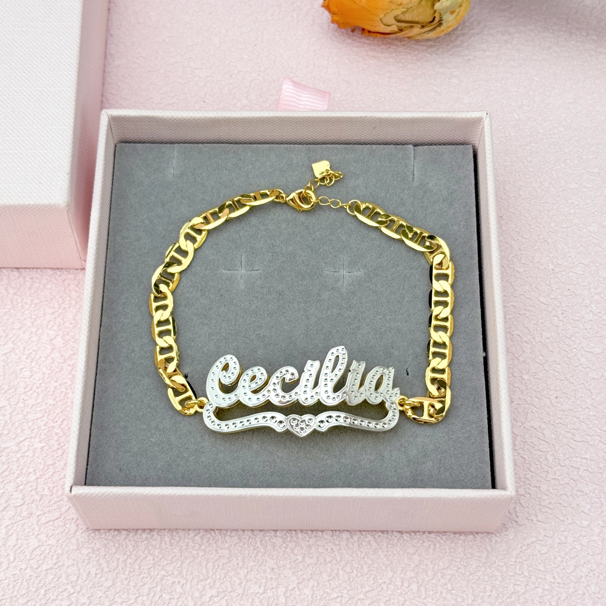 Heart Double Layer Two Tone Personalized Custom Gold Plated Name Bracelet