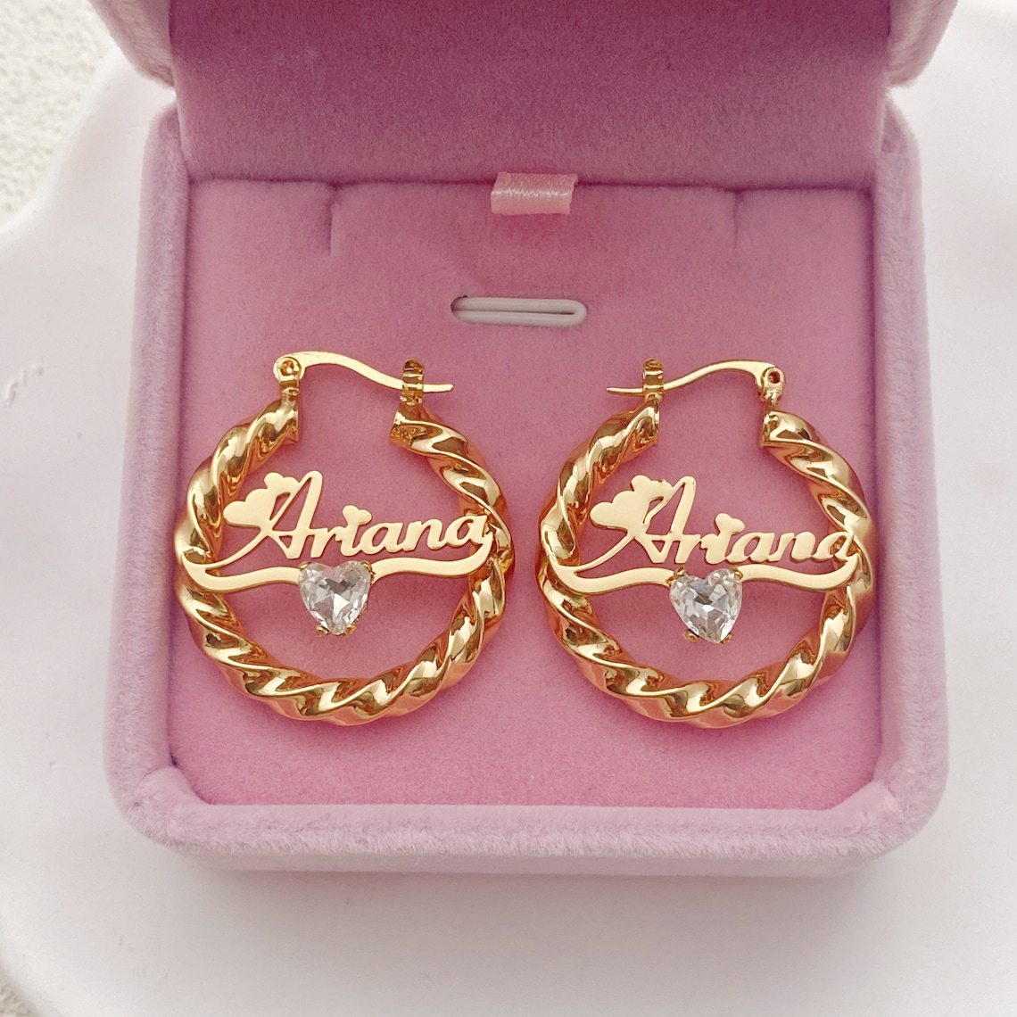 Custom Twist Hoop Heart Birthstone Nameplate Earrings