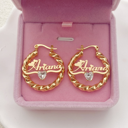 Custom Twist Hoop Heart Birthstone Nameplate Earrings