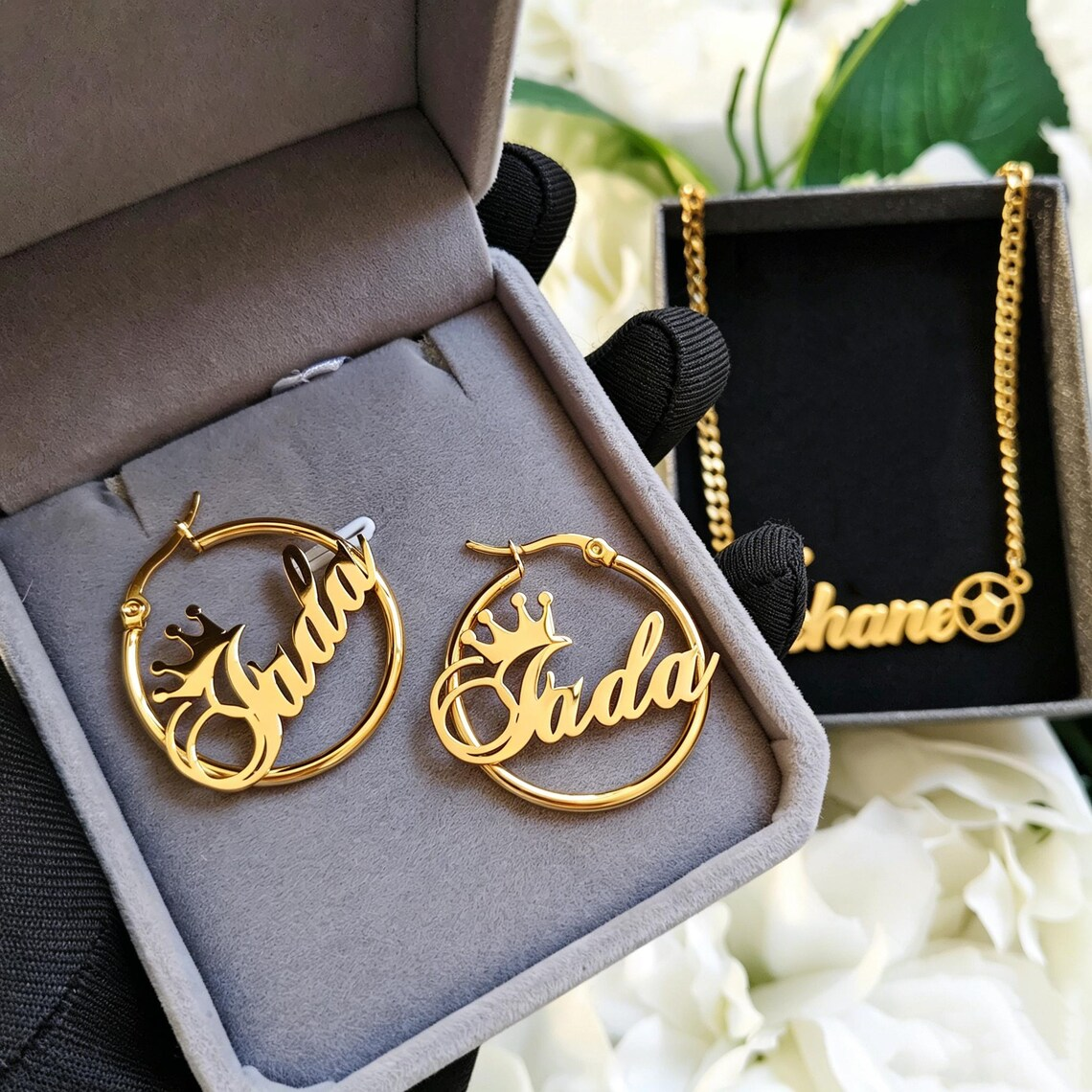 Personalized Crown and Soccer Football Name Necklace Earrings Jewelry Set