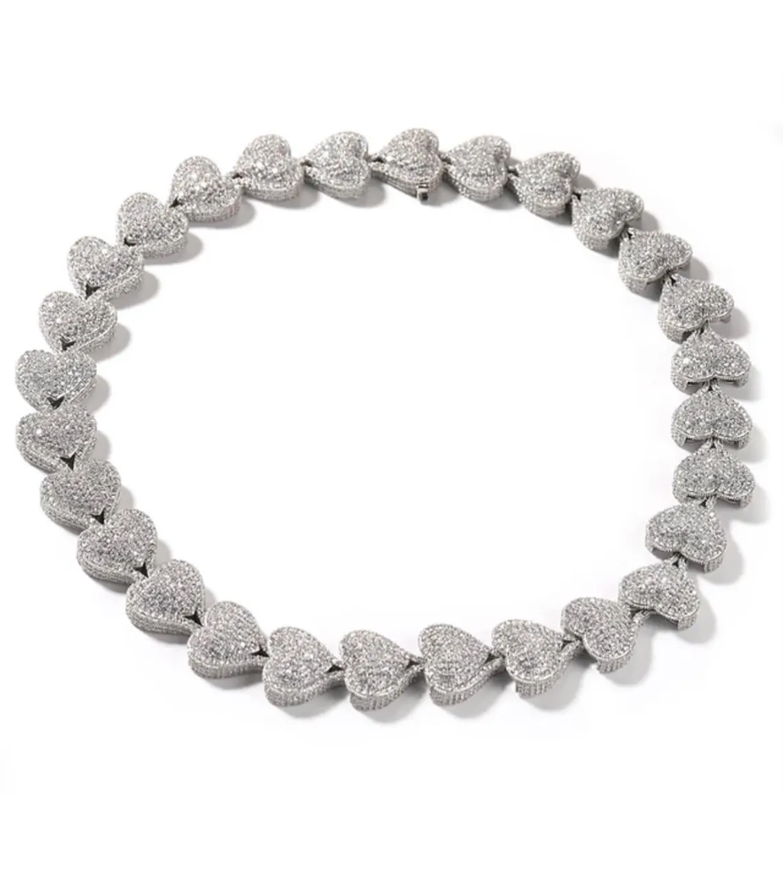 Iced Out CZ Bubble Heart Link Chain White Gold Clarity Necklace