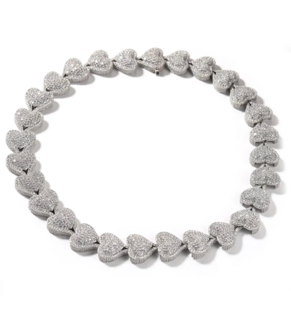 Iced Out CZ Bubble Heart Link Chain White Gold Clarity Necklace
