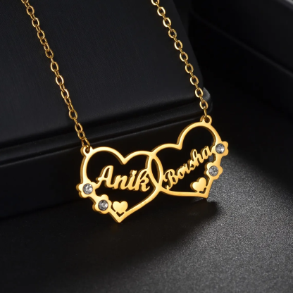 Personalized Couple Double Hearts with Zircons Two Names Necklace