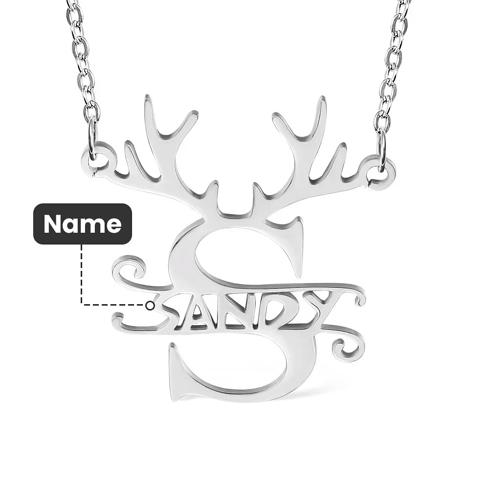 Chirstmas Elk Big Initial with Nameplate Necklace Holiday Gifts
