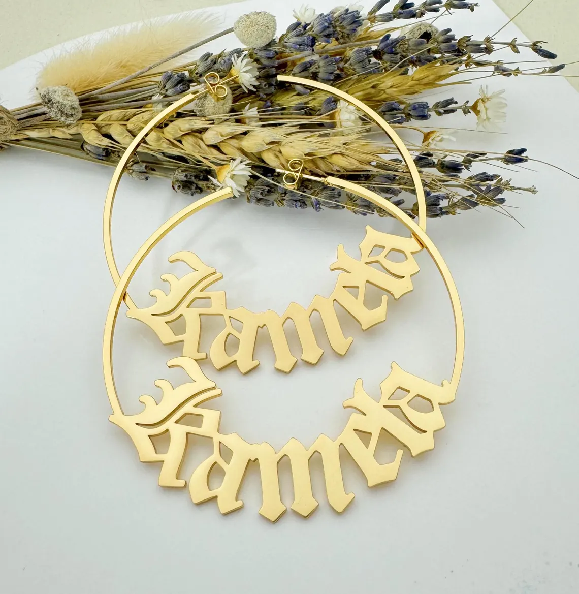 Personalized Old English Font Nameplate Hoop Earrings Gold Plated
