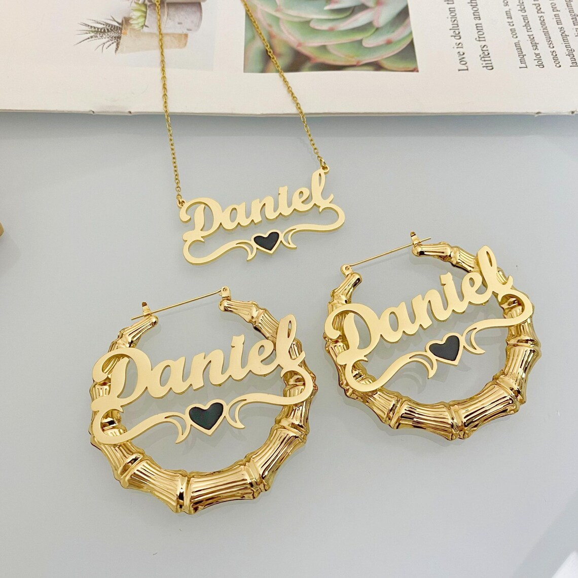 Gold Plated Enamel Heart Nameplate Necklace and Bamboo Earrings Jewelry Set