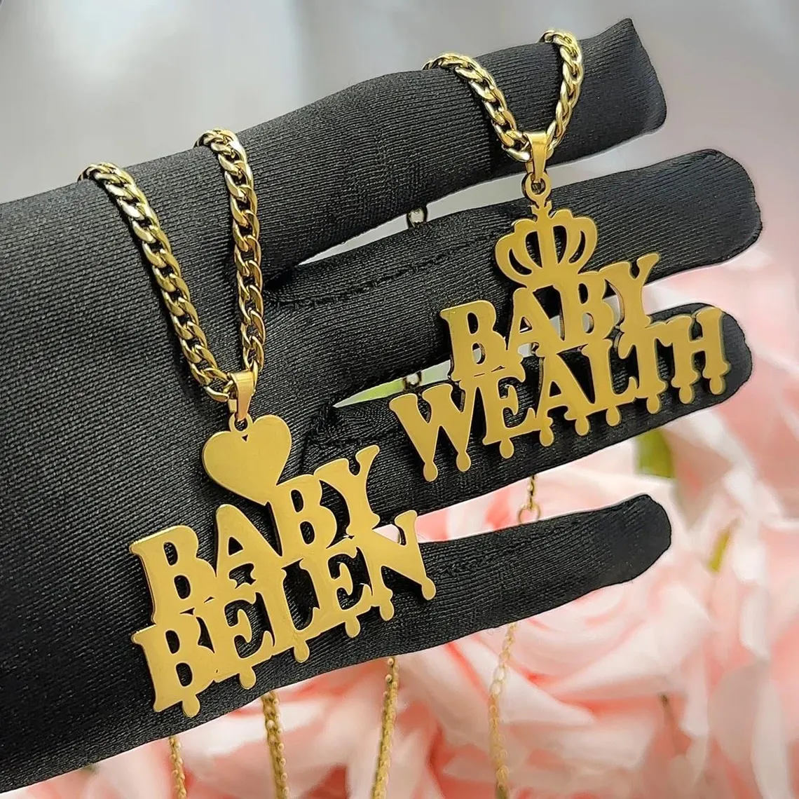 Custom Double Names Necklace With Crown Heart Gold Plated