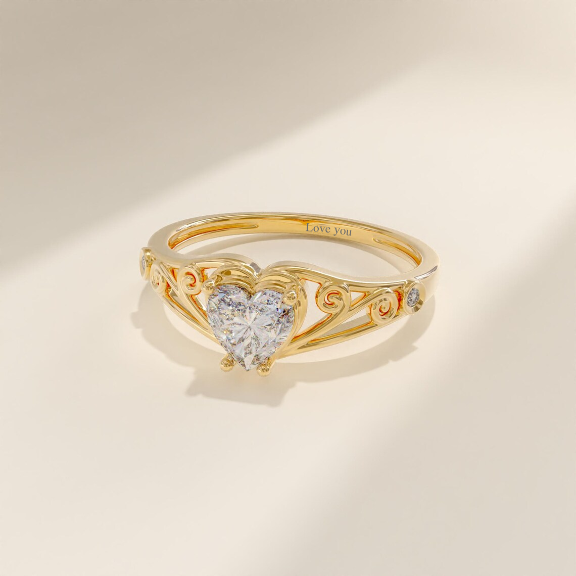 Love Heart Crystal Filigree Engraved Ring Promist Engagement Ring