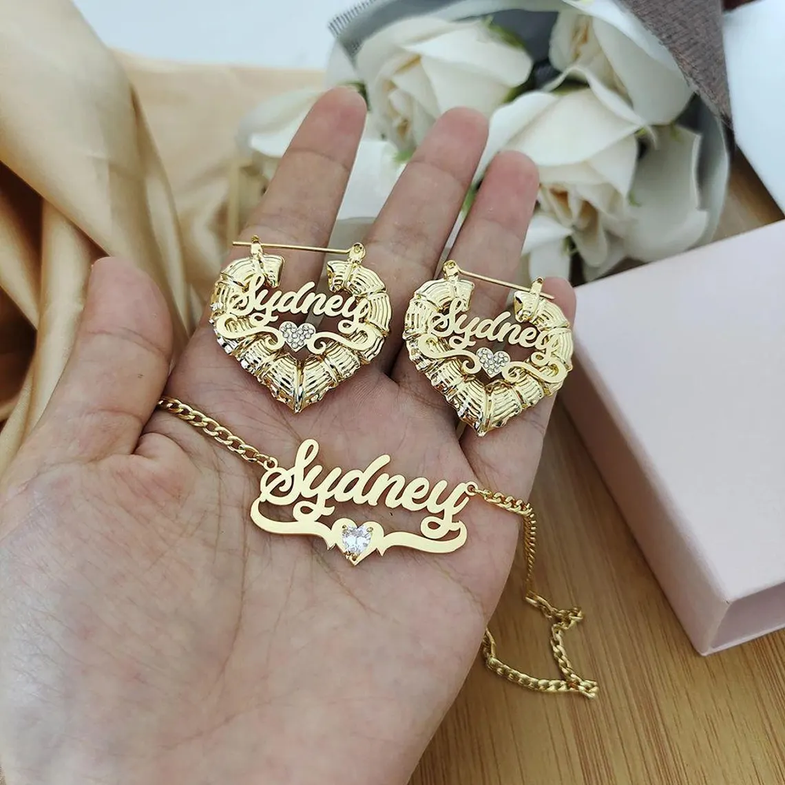 Heart Plate Name Necklace and Bamboo Earrings With Birthstone