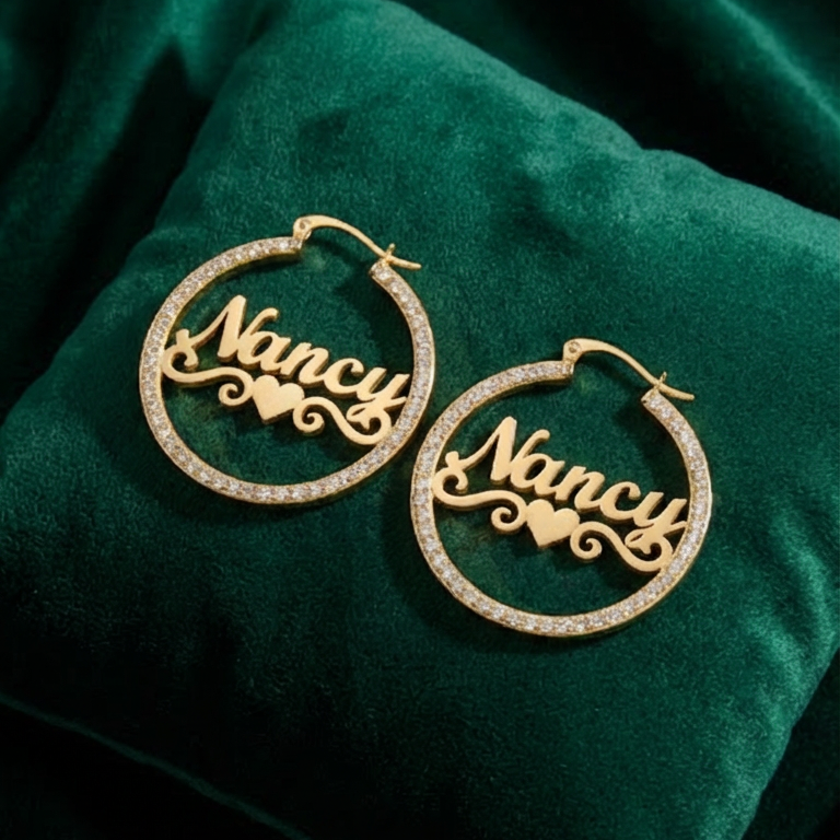 Custom Zirconia Hoop Earrings with Heart Nameplate
