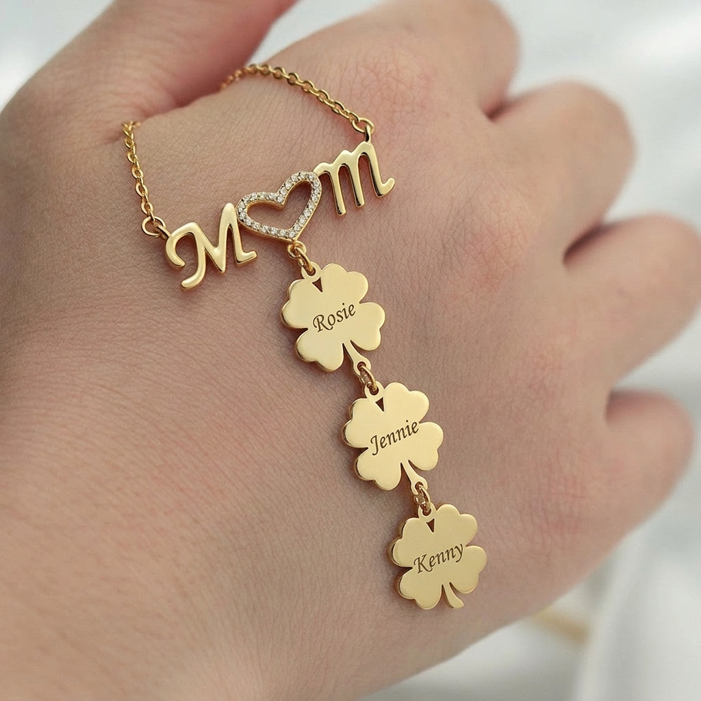 Necklace For Mom Personalized 1-5 Engraved Names Lucky Clovers Necklace