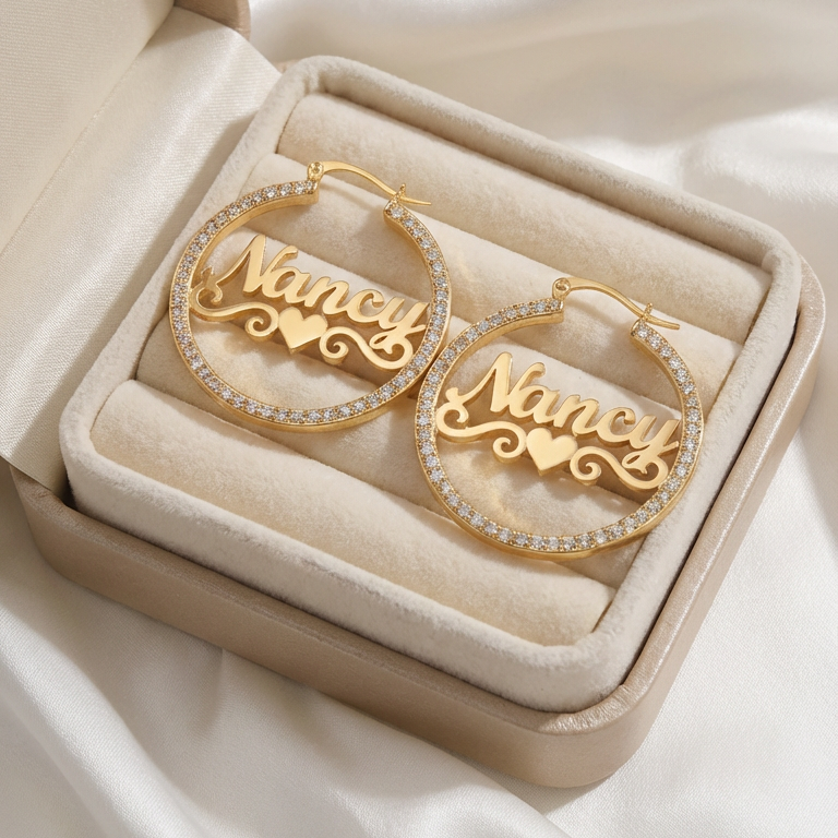 Custom Zirconia Hoop Earrings with Heart Nameplate