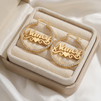 Custom Zirconia Hoop Earrings with Heart Nameplate