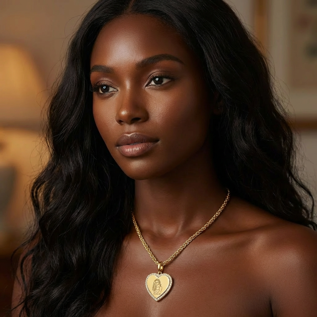 Zirconia Heart Pendant Custom Photo Portrait Engraved Necklace