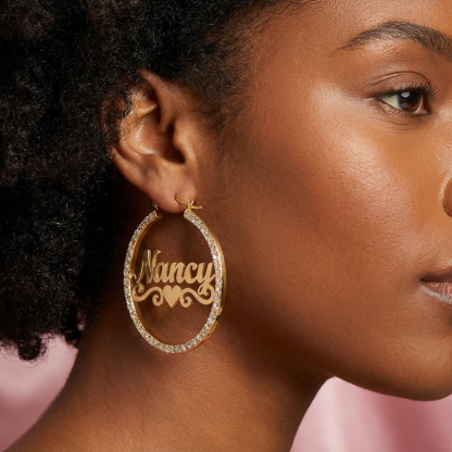 Custom Zirconia Hoop Earrings with Heart Nameplate