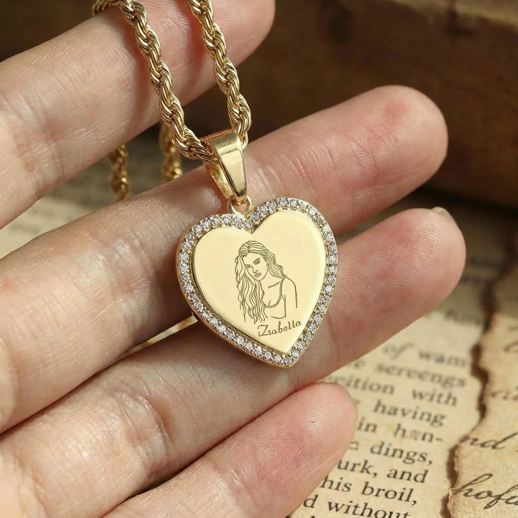 Zirconia Heart Pendant Custom Photo Portrait Engraved Necklace
