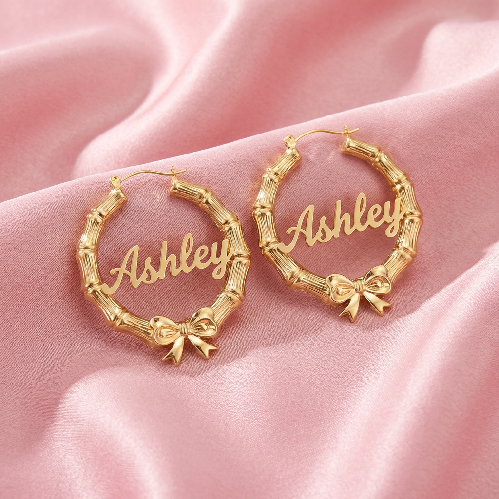Custom Personalized Bowtie Ribbon Bamboo Earrings with Nameplate