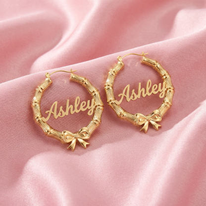 Custom Personalized Bowtie Ribbon Bamboo Earrings with Nameplate