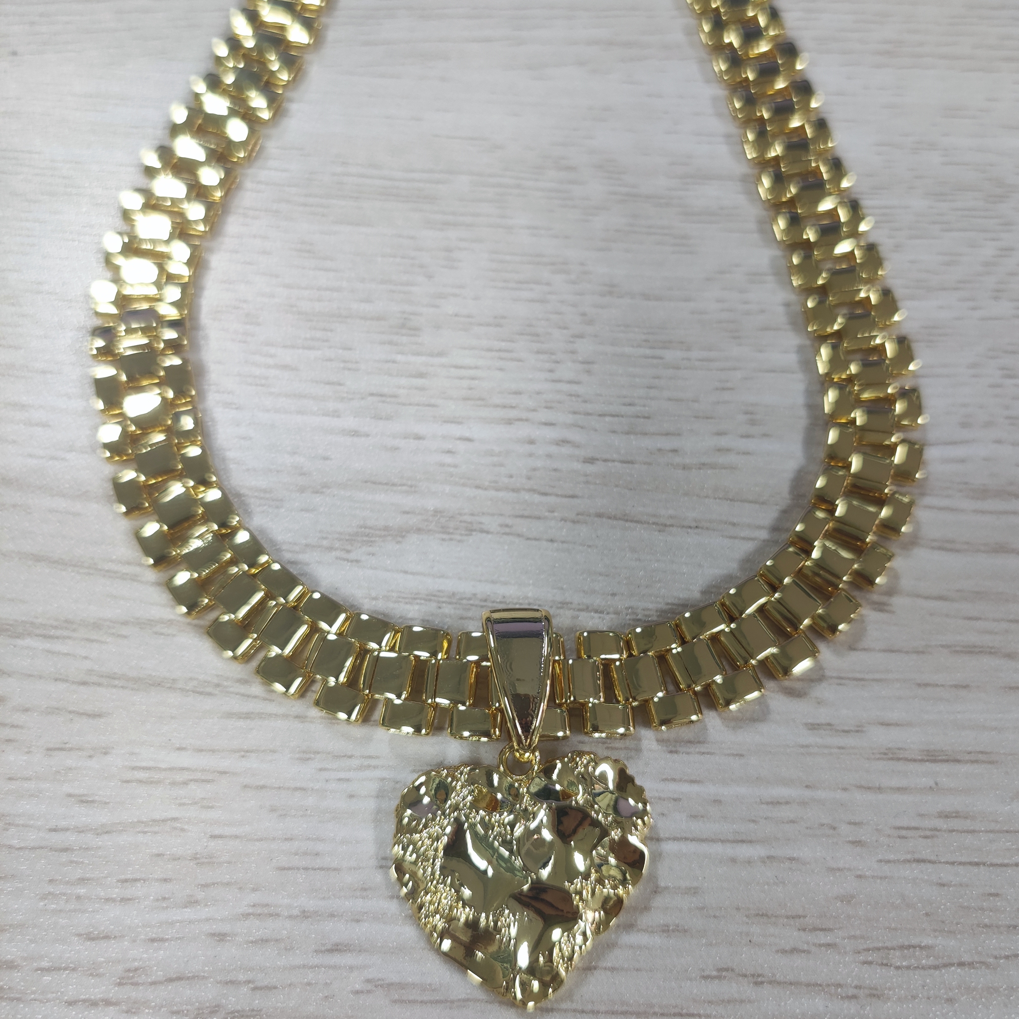 RX Link Chain Gold Plated Nugget Heart Pendant Necklace