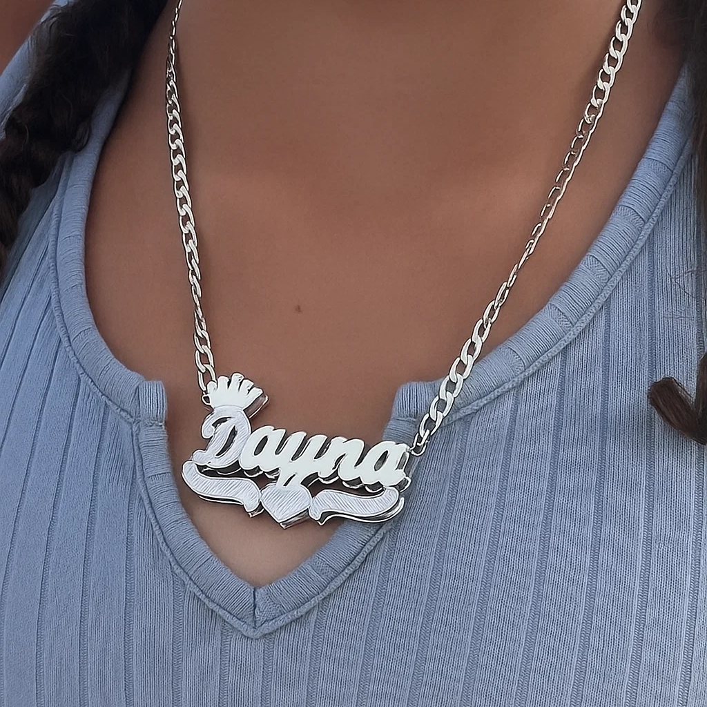 Double Layer Crown Heart Nameplate Personalized Name Necklace 