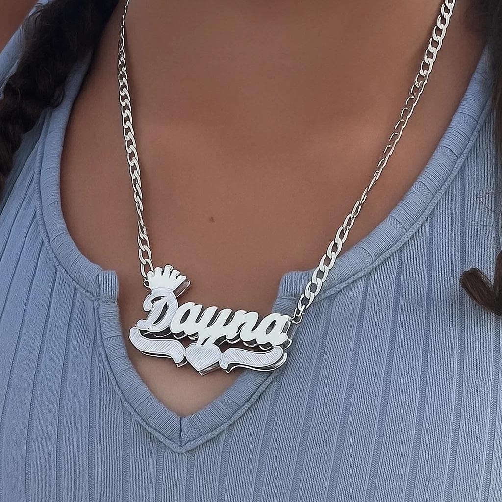 Double Layer Crown Heart Nameplate Personalized Name Necklace 