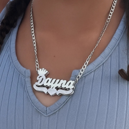 Double Layer Crown Heart Nameplate Personalized Name Necklace 