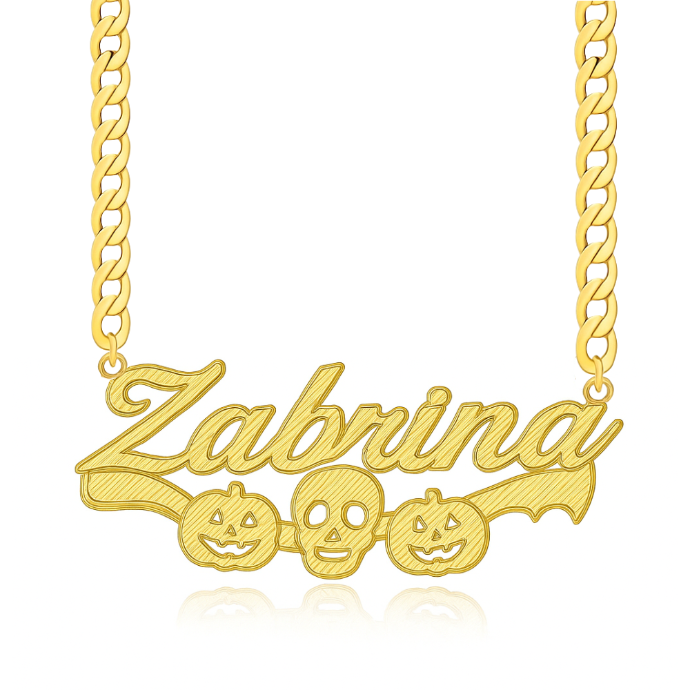 Halloween 3D Cut Pumpkin and Skull Nameplate Pendant Necklace