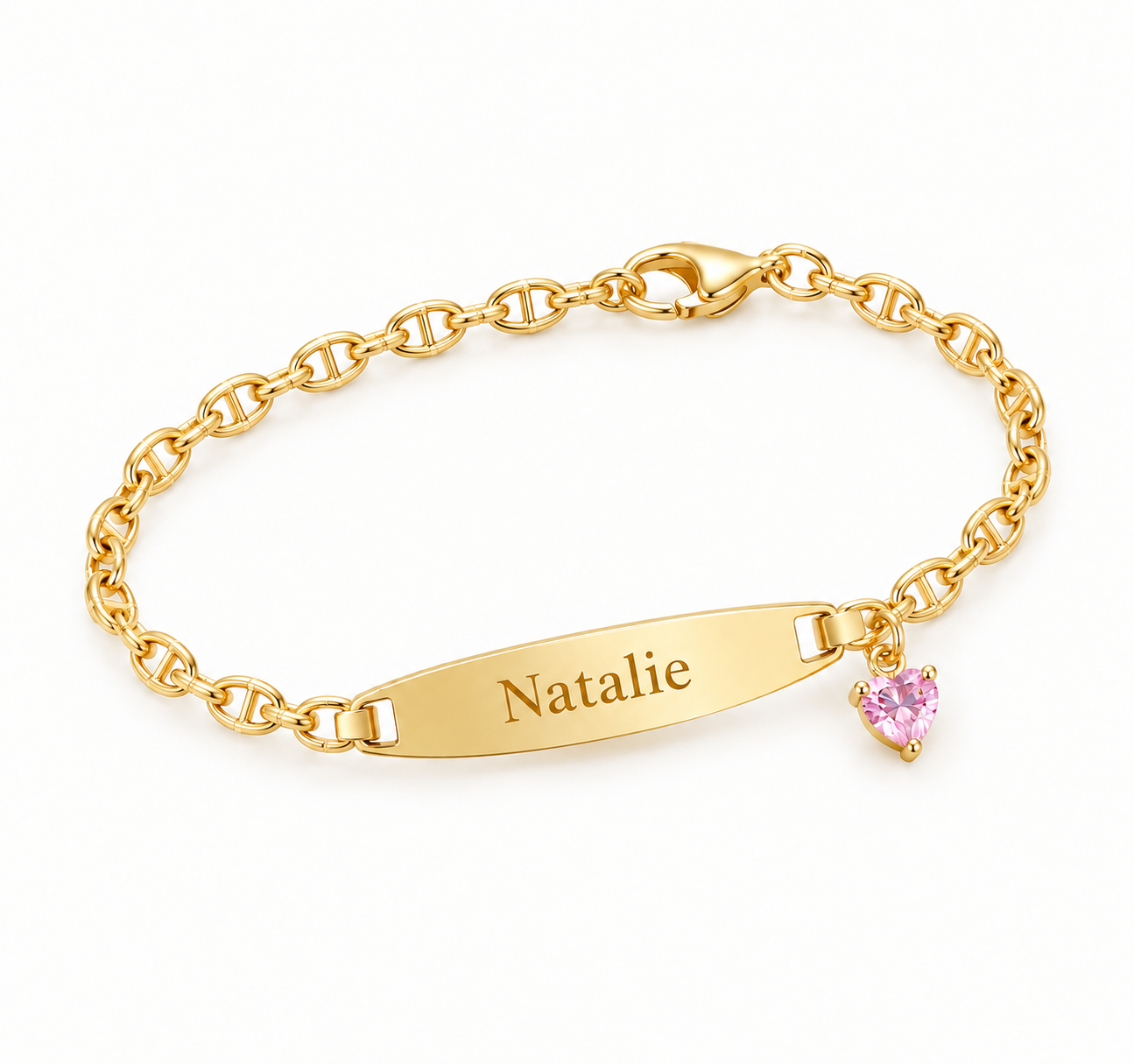 Mariner Chain Bar Engraved Name Bracelet with Heart Birthstone