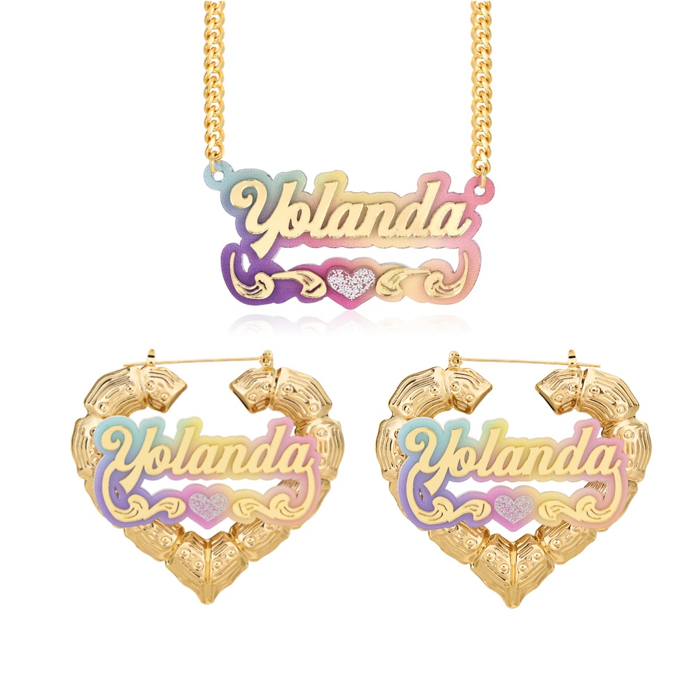 Acrylic Pink Nameplated With Heart Personalized Custom Name Necklace Heart Bamboo Earrings 2pcs Set