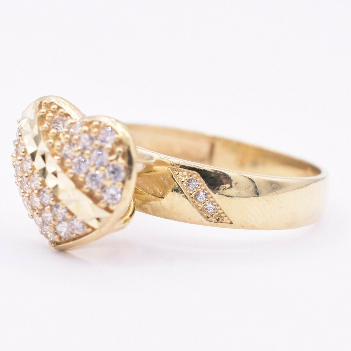 Personalized Textured Heart CZ Engraved Ring 
