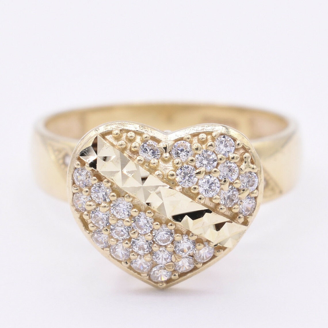 Personalized Textured Heart CZ Engraved Ring 