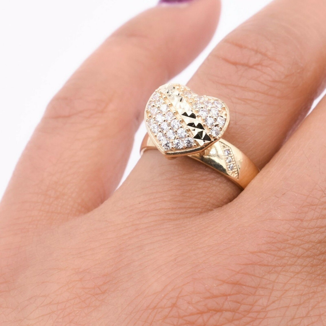 Personalized Textured Heart CZ Engraved Ring 