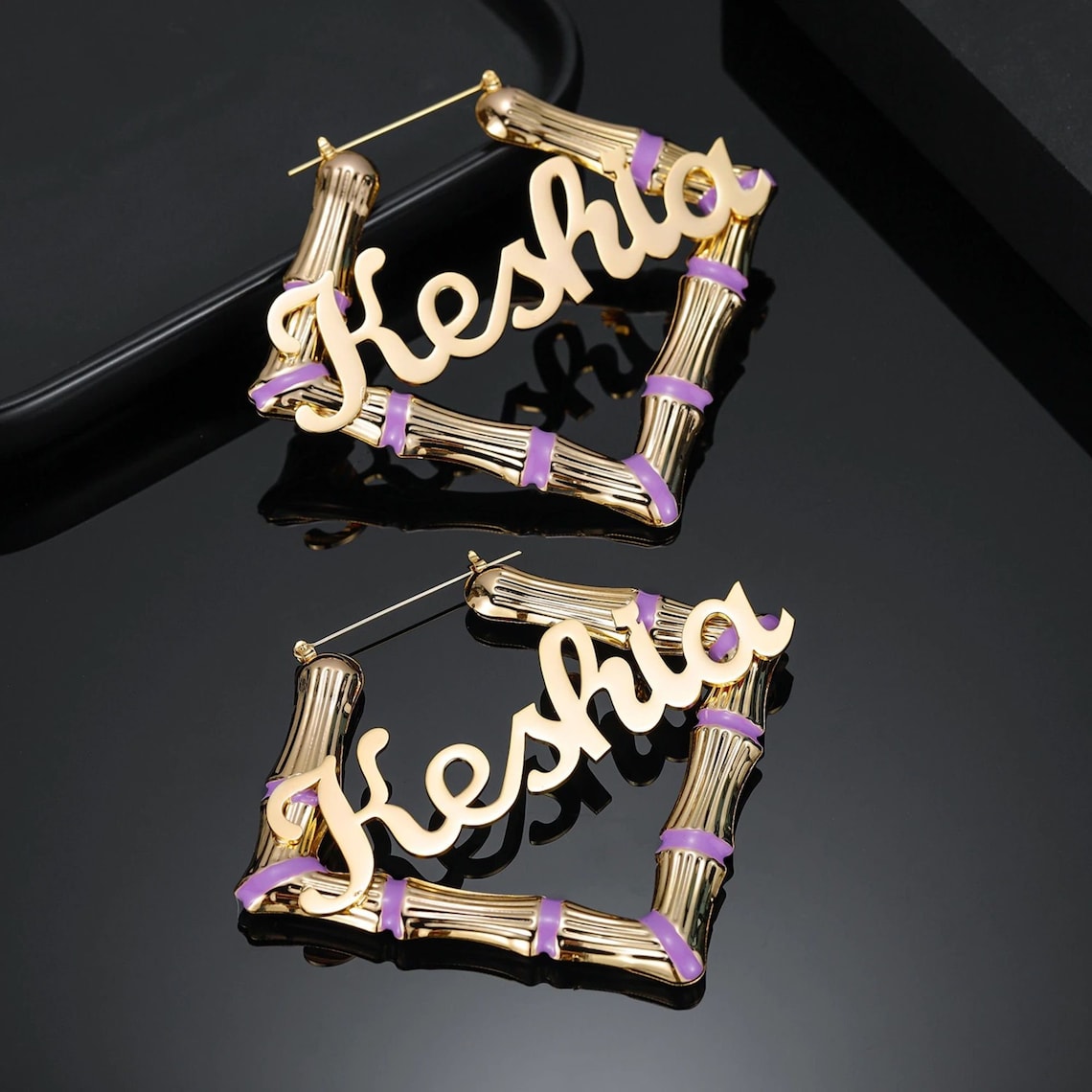Gold Plated Bamboo Earrings Personalized Name Earrings