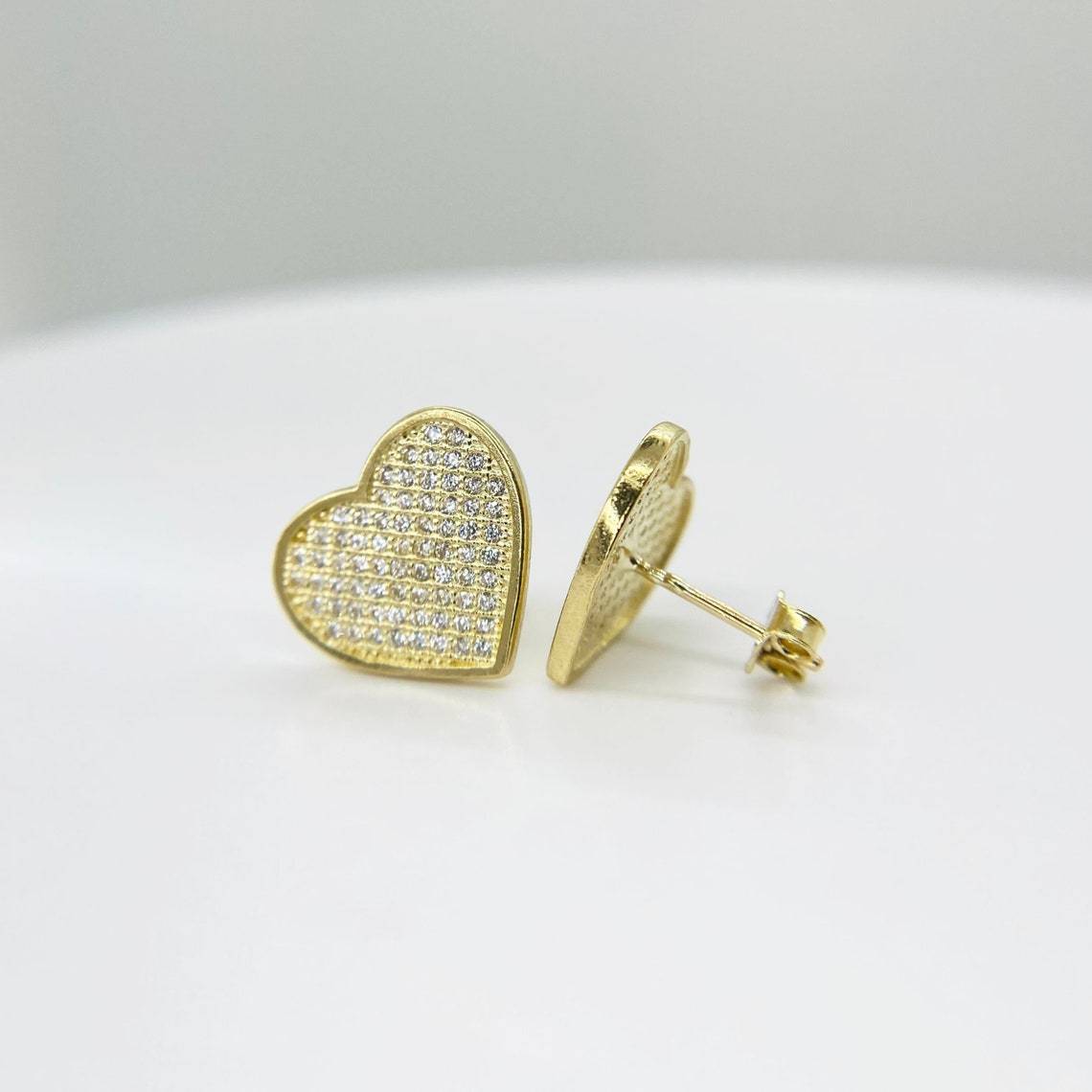 Gold Plated Heart CZ Stud Flat Classic Push Back Earrings