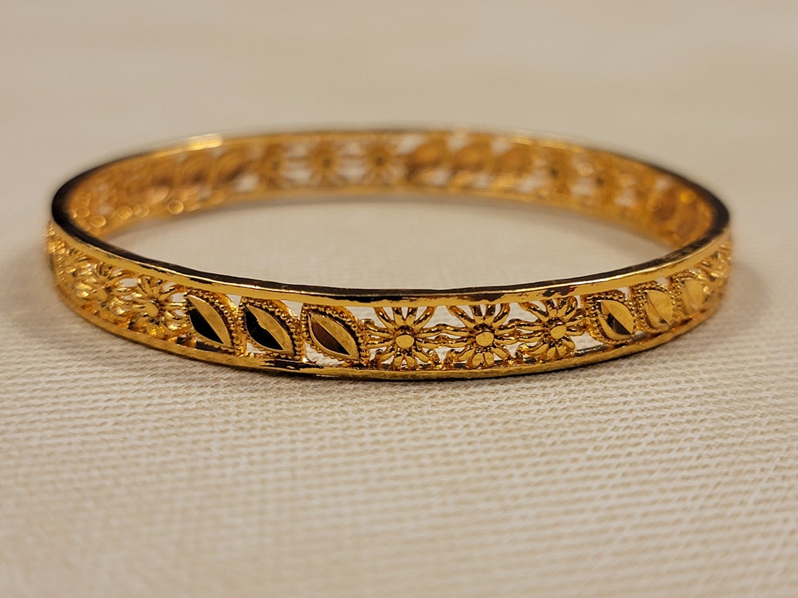 Hollow Flower And Leaf Bangle Gold Plated Bracelet