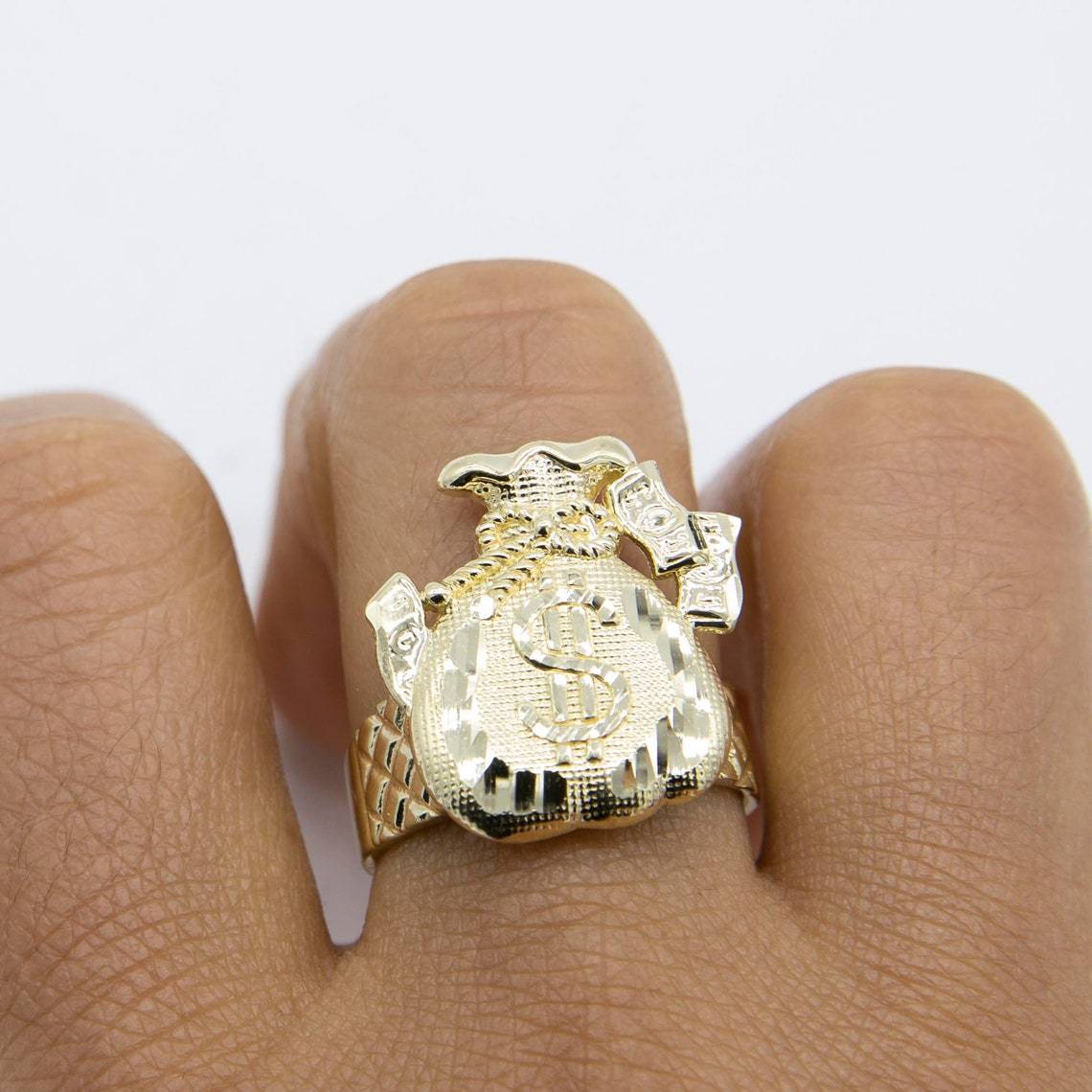 Diamond Cut Money Bag Luck Ring Custom Engraved Ring