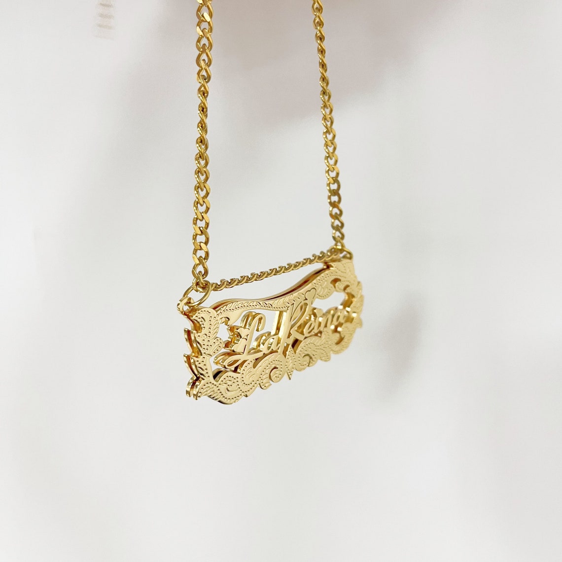 Double Plated Heart Diamond Cut Name Necklace 3D Nameplate Necklace