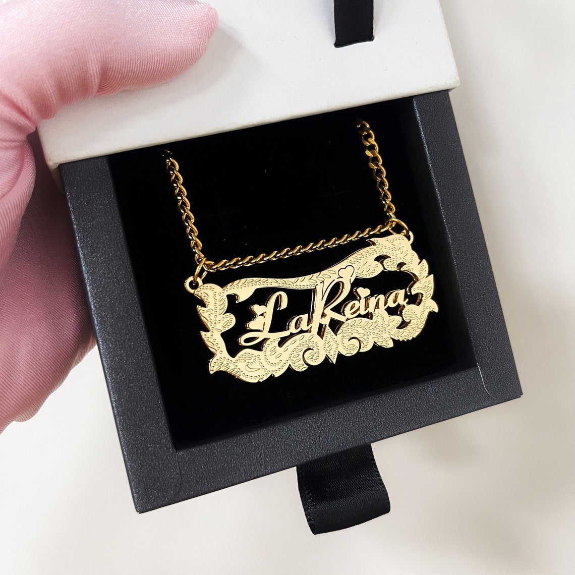 Double Plated Heart Diamond Cut Name Necklace 3D Nameplate Necklace