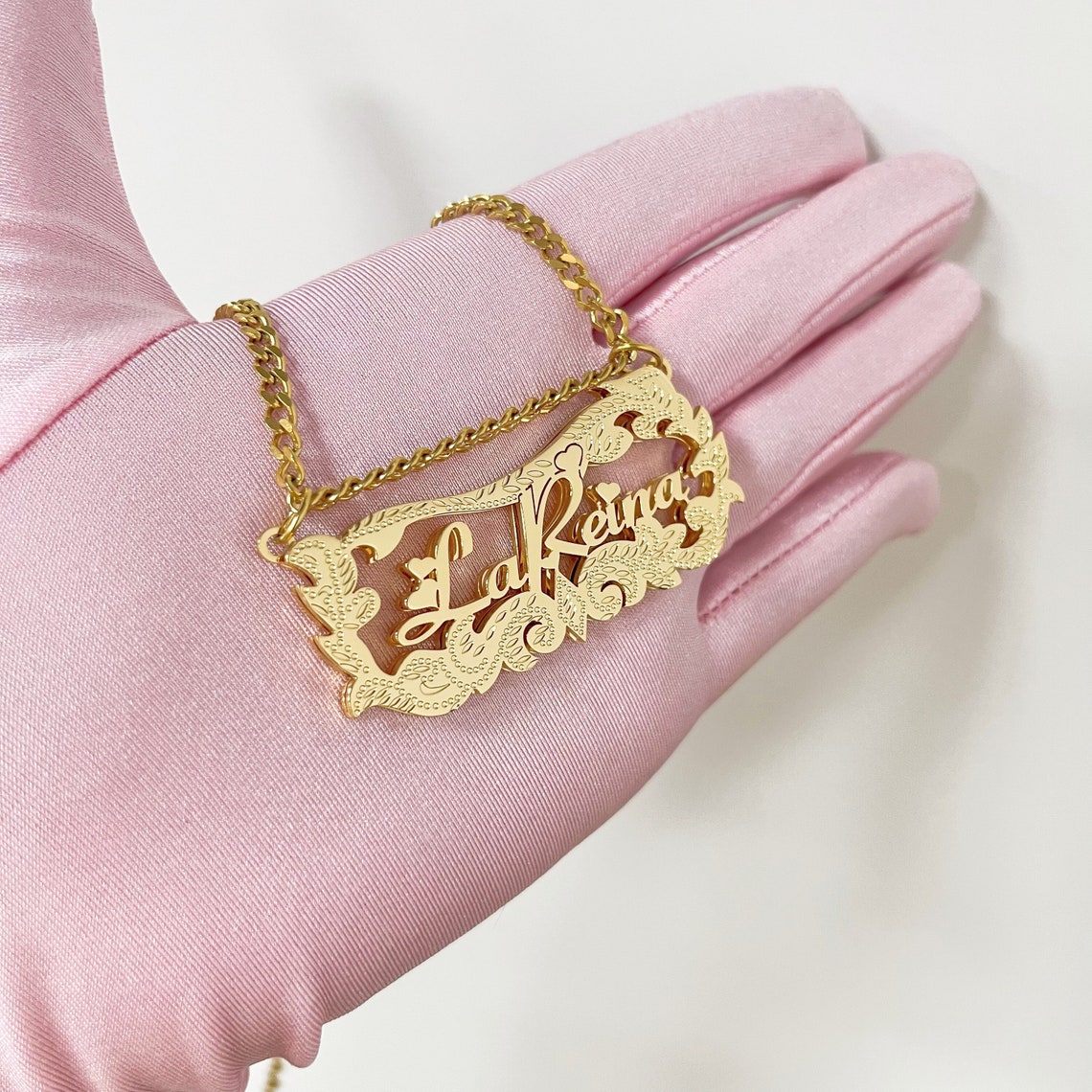 Double Plated Heart Diamond Cut Name Necklace 3D Nameplate Necklace