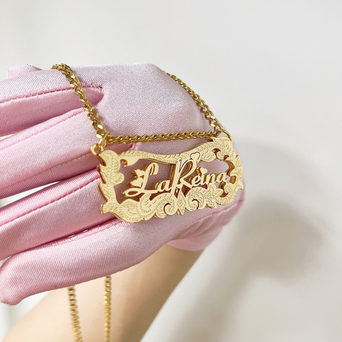 Double Plated Heart Diamond Cut Name Necklace 3D Nameplate Necklace