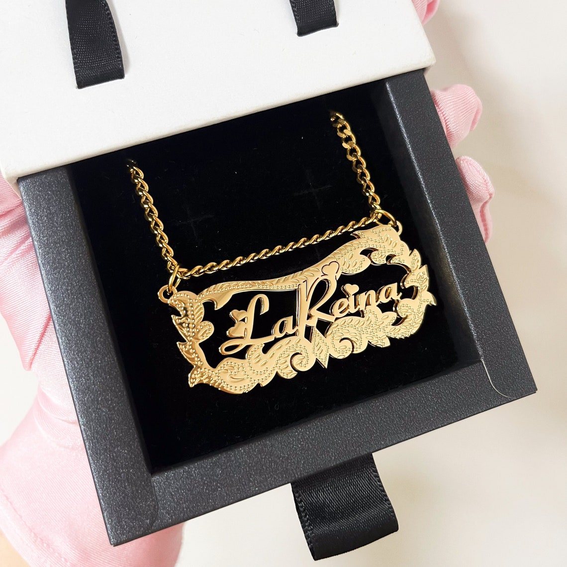 Double Plated Heart Diamond Cut Name Necklace 3D Nameplate Necklace
