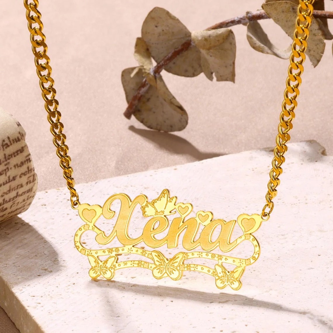 Butterfly Heart Nameplated Pendant Personalized Name Necklace