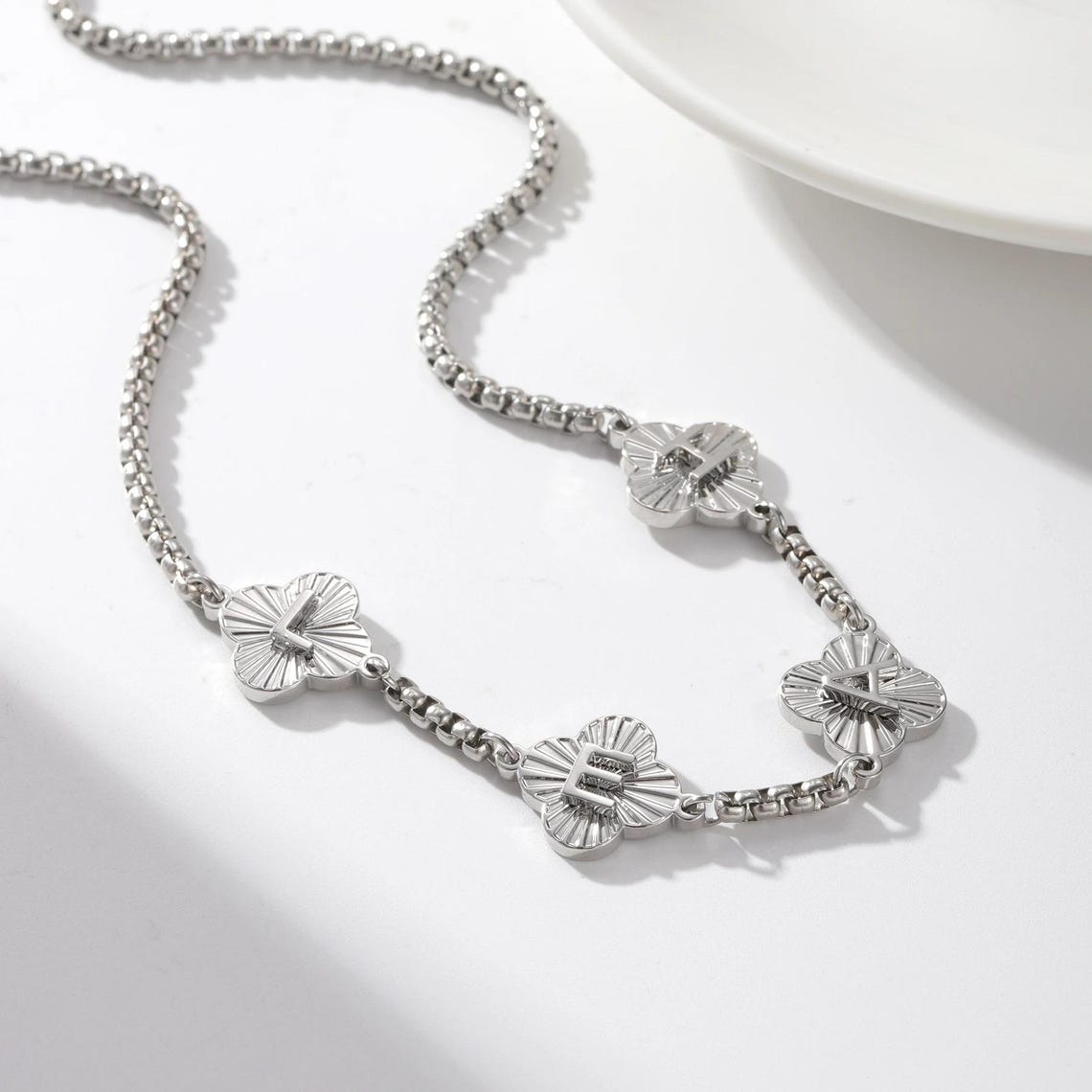 Box Chain Four Leaf Clover Letter Name Necklace